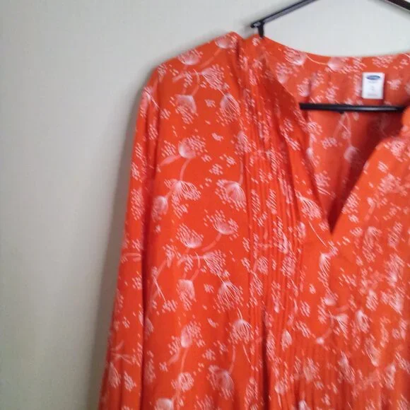 Old Navy Shirt Blouse Women XL Long Sleeve Babydoll Pattern Orange White - Picture 4 of 14